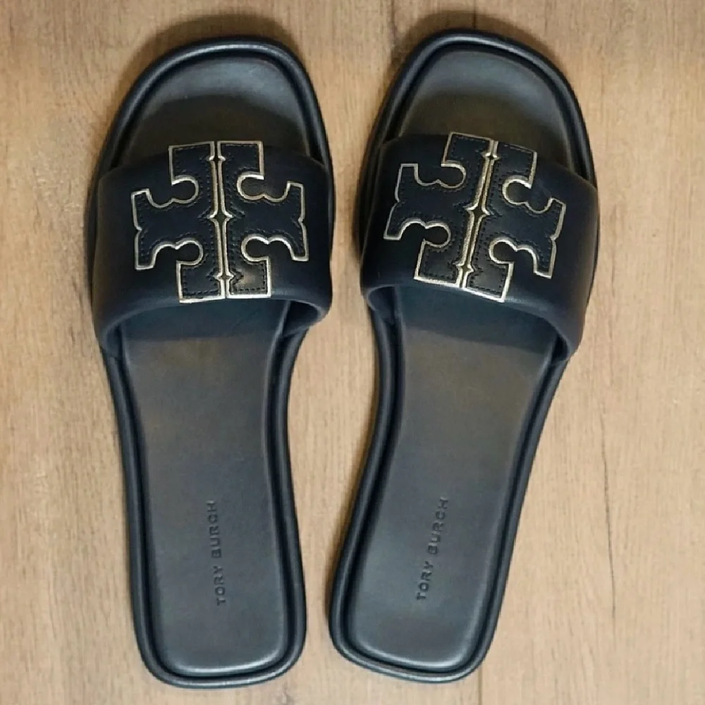 Tory Burch Black Slides with Gold Logo Medallions